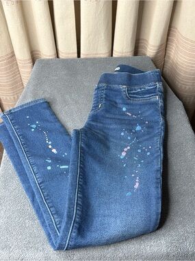 Lands' End Blue Jeans with Pastel Paint Dots with Iron Knees